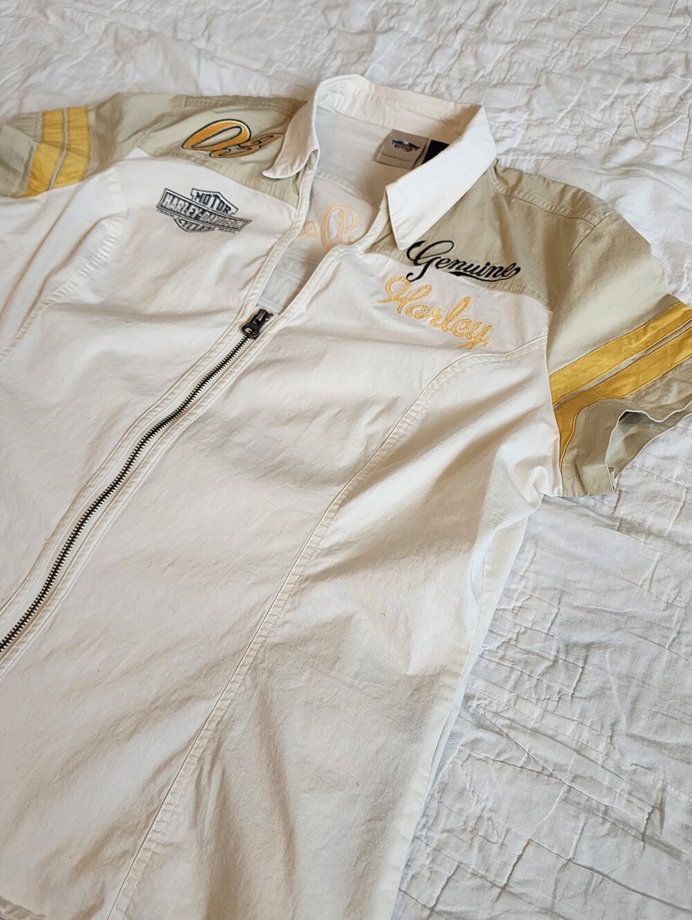 Harley Davidson Shirt Womens Size2XL White Beige Full Zip V-Neck 03 Garage Biker - Picture 2 of 16